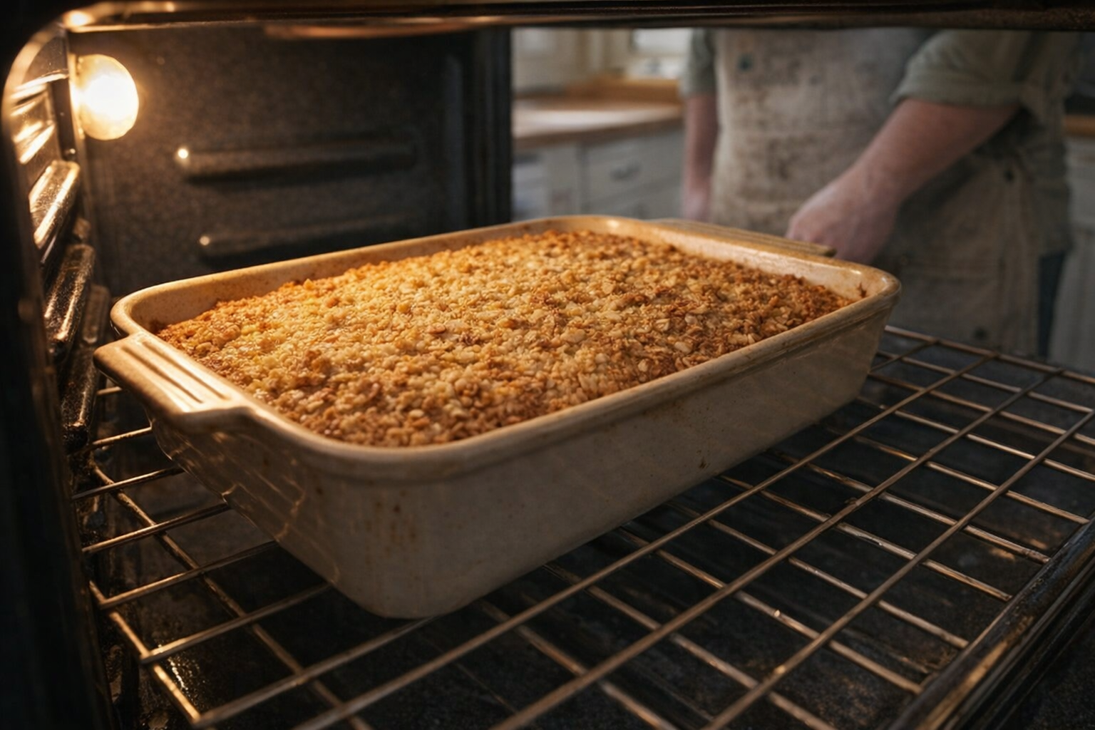 Baked oats in a baking dish inside the oven, golden brown top, oven light on, rack visible
